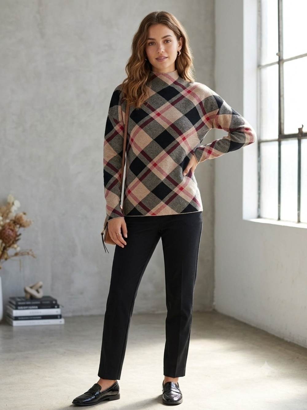 Rachel Zoe Plaid Mock-Neck Sweater in Black, Beige, Pink